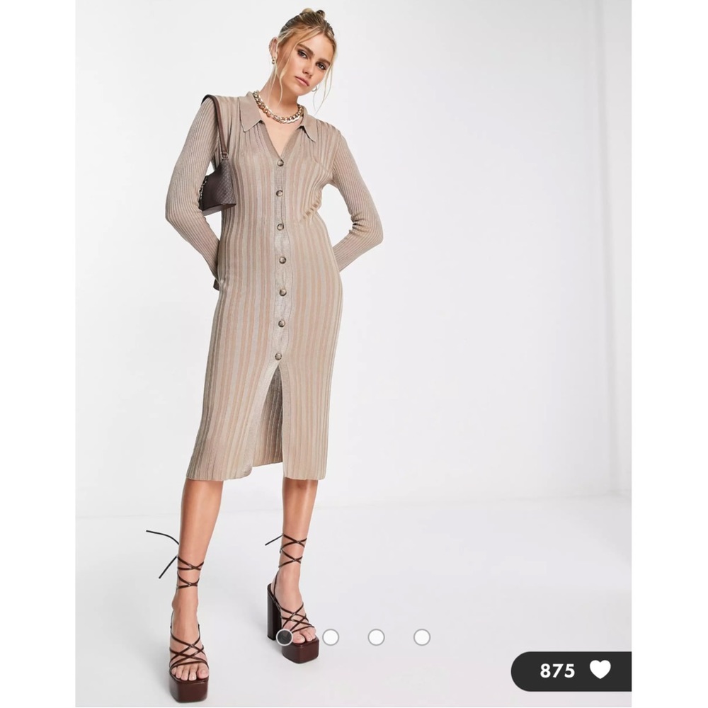 River Island Taupe Button Through Polo Knit Midi Dress